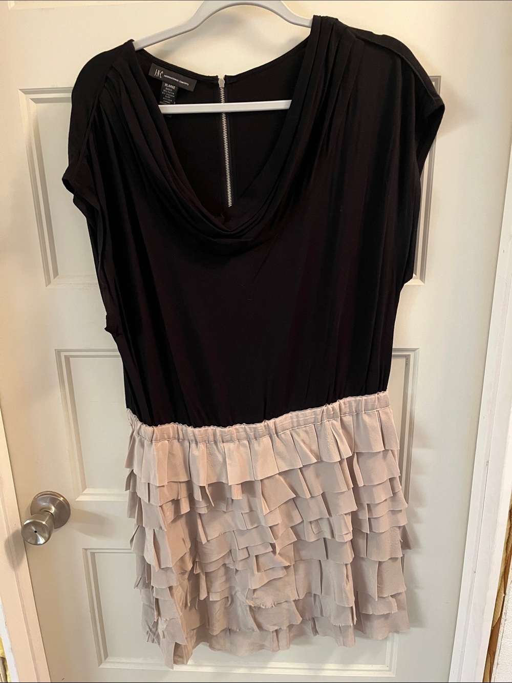 INC International Concepts Black Top with Light Gray Ruffle Skirt Mini Dress